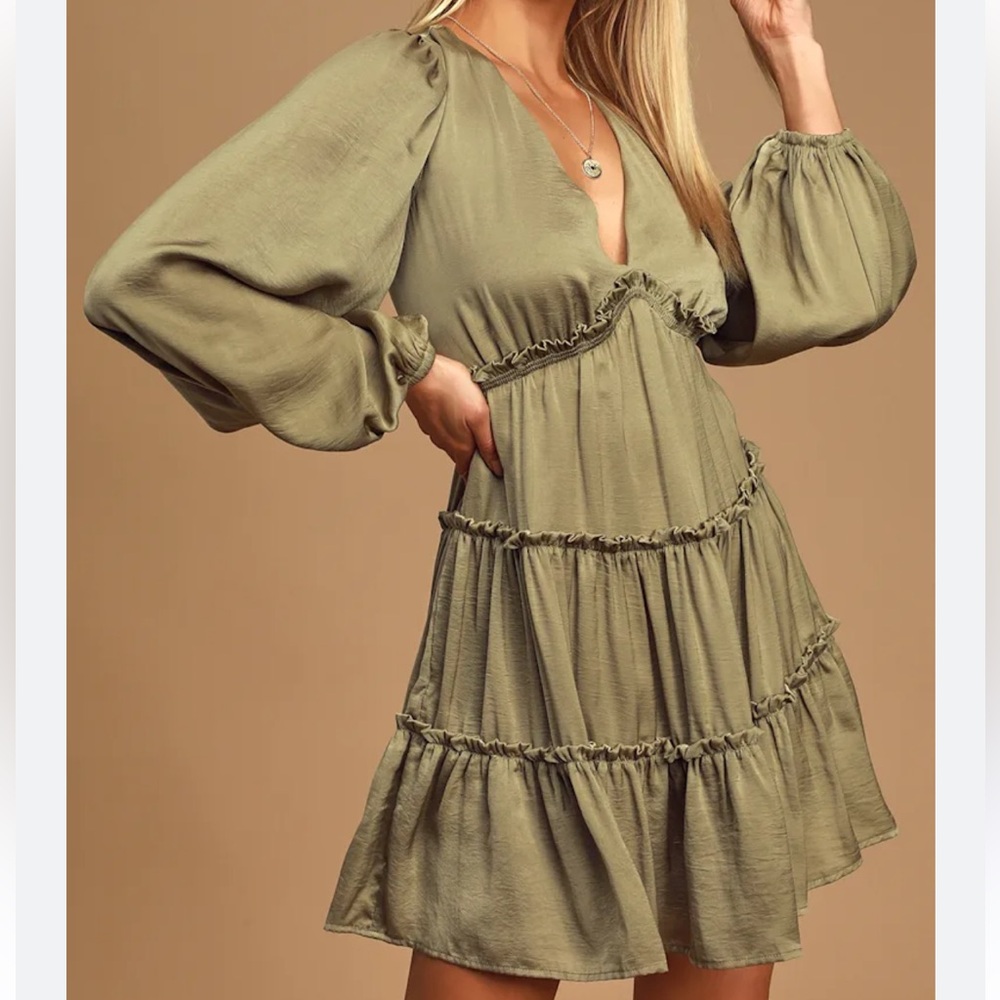 SOLD Lulus Moonstruck Olive Green Satin Tiered Long Sleeve Mini Dress - Picture 9 of 9
